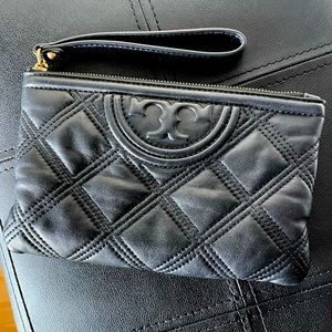 Tory Burch black leather quilted pattern wristlet gold accents